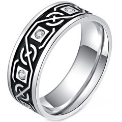 **COI Titanium Black Silver/Black Celtic Ring With Cubic Zirconia-9042BB
