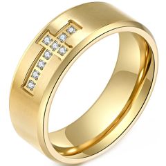 **COI Titanium Black/Gold Tone/Silver Cross Beveled Edges Ring With Cubic Zirconia-9043BB