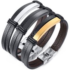 **COI Titanium Black/Gold Tone/Silver Black Genuine Leather Bracelet With Steel Clasp(Length: 8.07 inches)-9051BB