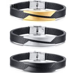**COI Titanium Black/Gold Tone/Silver Black Genuine Leather Bracelet With Steel Clasp(Length: 8.07 inches)-9052BB