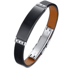 **COI Titanium Black Silver Genuine Leather Bracelet With Steel Clasp(Length: 9.06 inches)-9053BB