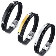 **COI Titanium Silver Black/Gold Tone/Silver Genuine Leather Bracelet With Steel Clasp(Length: 7.67 inches)-9055BB