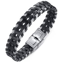 **COI Titanium Genuine Leather & Wire Bracelet With Steel Clasp(Length: 8.46 inches)-9056BB