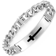 **COI Titanium Silver Black Cross Bracelet With Steel Clasp(Length: 8.27 inches)-9076BB