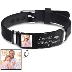 **COI Titanium Black Silver Custom Photo Engraving Rubber Bracelet With Steel Clasp(Length: 8.46 inches)-9083BB