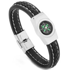 **COI Titanium Black/Gold Tone/Silver Genuine Leather Compass Bracelet With Steel Clasp(Length: 8.27 inches)-9094BB