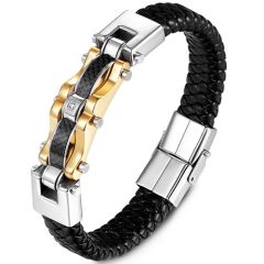 **COI Titanium Black Gold Tone Silver/Black Silver Genuine Leather Bracelet With Steel Clasp(Length: 8.27 inches)-9103BB