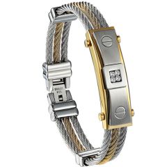 **COI Titanium Gold Tone Silver Screw & Wire Cubic Zirconia Bracelet With Steel Clasp(Length: 8.27 inches)-9104BB