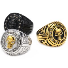 **COI Titanium Black/Gold Tone Silver/Black Gold Tone Skull Ring-9122BB