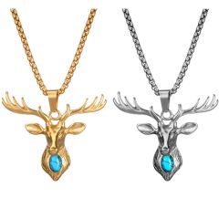 **COI Titanium Gold Tone/Silver Deer Head Pendant With Turquoiee-9134BB