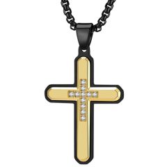 **COI Titanium Gold Tone Black/Silver Cross Pendant With Cubic Zirconia-9149BB