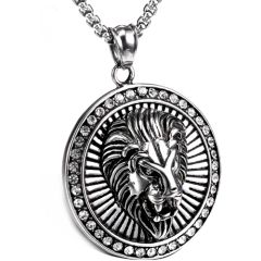 **COI Titanium Black Silver Lion Head Pendant With Cubic Zirconia-9155BB
