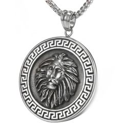 **COI Titanium Black Silver Lion Head Greek Key Pattern Pendant-9156BB