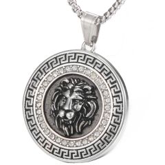 **COI Titanium Gold Tone/Silver Lion Head Greek Key Pattern Pendant With Cubic Zirconia-9157BB