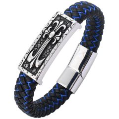 **COI Titanium Black Silver Cross Genuine Leather Bracelet With Steel Clasp(Length: 8.66 inches)-9159BB