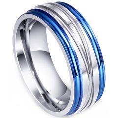**COI Titanium Black/Blue Silver Diagonal Grooves Ring-9166BB