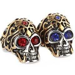 **COI Titanium Black Gold Tone Silver Skull Ring With Created Blue Sapphire/Red Ruby-9168BB
