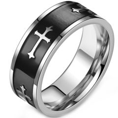 **COI Titanium Black Silver Cross Pipe Cut Flat Ring-9174BB