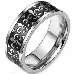 **COI Titanium Black Silver Fleur De Lis Pipe Cut Flat Ring-9175BB