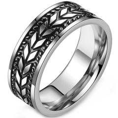 **COI Titanium Black Silver Leaves Pipe Cut Flat Ring-9176BB