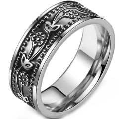 **COI Titanium Black Silver Floral & Leaves Pipe Cut Flat Ring-9177BB