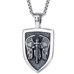 **COI Titanium Black Silver Cross & Angel Tag Pendant-9185BB