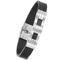 **COI Titanium Black/Gold Tone/Silver Carbon Fiber Genuine Leather Bracelet With Steel Clasp(Length: 8.27 inches)-9213BB