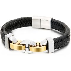 **COI Titanium Silver/Gold Tone Silver Genuine Leather Bracelet With Steel Clasp(Length: 8.46 inches)-9222BB