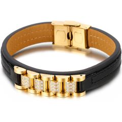 **COI Titanium Gold Tone/Silver Cubic Zirconia Genuine Leather Bracelet With Steel Clasp(Length: 8.66 inches)-9223BB