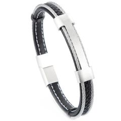 **COI Titanium Gold Tone/Silver Wire Genuine Leather Bracelet With Steel Clasp(Length: 8.27 inches)-9226BB