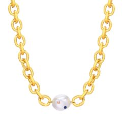 **COI Gold Tone Titanium Necklace With Synthetic Pearl & Cubic Zirconia(Length: 18.1 inches)-9259BB