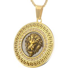 **COI Titanium Gold Tone/Silver Lion Greek Key Pendant With Cubic Zirconia-9278BB