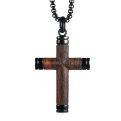 **COI Titanium Black/Silver Cross Pendant With Wood-9398AA