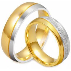 **COI Titanium Gold Tone Silver Diagonal Grooves Couple Wedding Ring-9413BB