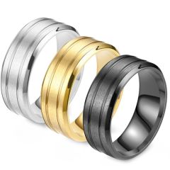**COI Titanium Black/Gold Tone/Silver Double Grooves Beveled Edges Ring-9414BB