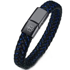 **COI Titanium Black/Silver Medical Alert Genuine Leather Bracelet With Steel Clasp(Length: 8.27 inches)-9422BB