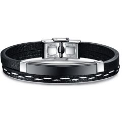 **COI Titanium Black Silver Genuine Leather Bracelet With Steel Clasp(Length: 8.07 inches)-9423BB