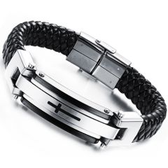 **COI Titanium Black Silver Cross Genuine Leather Bracelet With Steel Clasp(Length: 8.66 inches)-9439BB