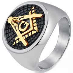 **COI Titanium Black Gold Tone/Silver Masonic Freemason Ring-9467BB