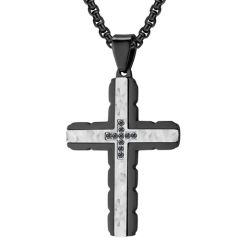 **COI Titanium Black/Gold Tone Silver Cross Hammered Pendant With Cubic Zirconia-9473BB
