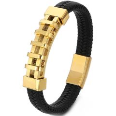 **COI Titanium Gold Tone/Silver Genuine Leather Bracelet With Steel Clasp(Length: 8.27 inches)-9475BB