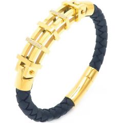 **COI Titanium Gold Tone/Silver Genuine Leather Bracelet With Steel Clasp(Length: 8.27 inches)-9476BB