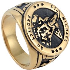 **COI Titanium Black Gold Tone St Michael Protect Us Ring-9479BB