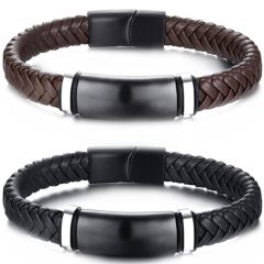**COI Titanium Black Silver Genuine Leather Bracelet With Steel Clasp(Length: 8.27 inches)-9484BB