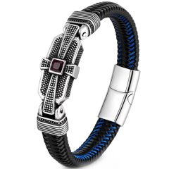 **COI Titanium Black Silver Cross Cubic Zirconia Genuine Leather Bracelet With Steel Clasp(Length: 9.06 inches)-9504BB