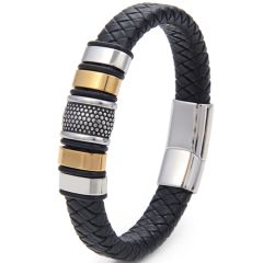 **COI Titanium Black Gold Tone Silver Genuine Leather Bracelet With Steel Clasp(Length: 8.27 inches)-9505BB