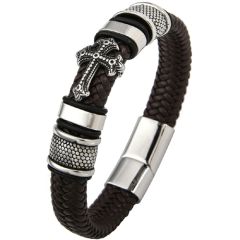 **COI Titanium Black Silver Cross Genuine Leather Bracelet With Steel Clasp(Length: 8.66 inches)-9507BB