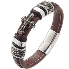 **COI Titanium Black Silver Cross Genuine Leather Bracelet With Steel Clasp(Length: 9.06 inches)-9508BB