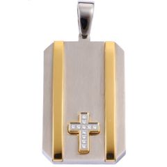 **COI Titanium Gold Tone Silver Cross Tag Pendant With Cubic Zirconia-9532BB