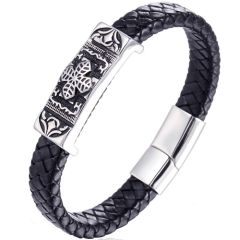 **COI Titanium Black Silver Cross Celtic Genuine Leather Bracelet With Steel Clasp(Length: 8.07 inches)-9666BB